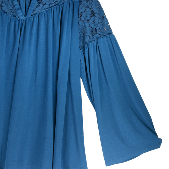 Lane Bryant Blue Knit Tunic Top Women 3X Stretch Crochet Boho Bell Sleeve V Neck - Picture 5 of 9